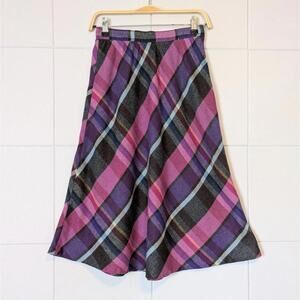Vintage 70s wool blend plaid high waist flare retro academia midi skirt